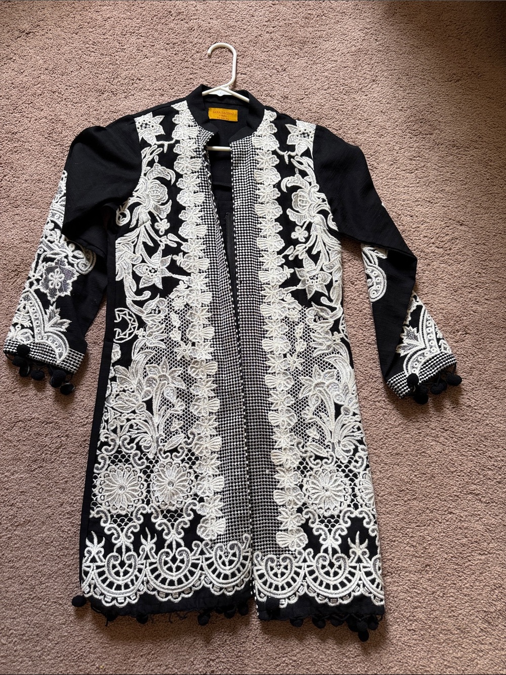Black & White Embroidered Open Front Duster